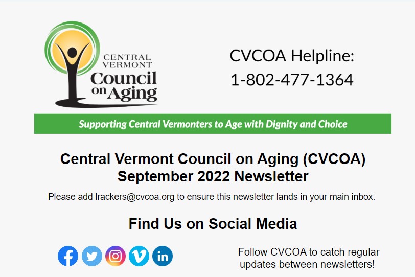 CVCOA newsletter header, featuring logo, text, and linked social media icons.