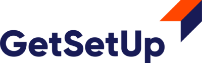 GetSetUp logo in navy blue with orange and blue ribbon in top right corner